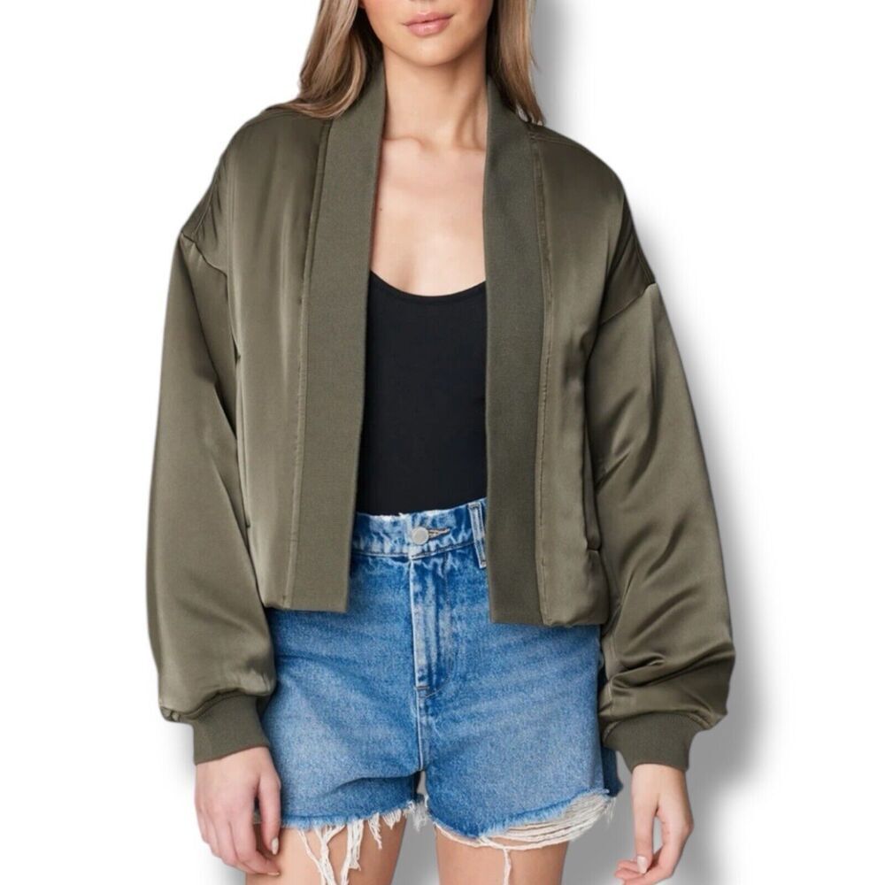 Blank NYC Jacket S Green Open Secret Satin Bomber Olive Green Puffer Minimalist‎